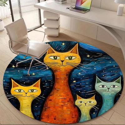1pc Cat Family Office Round Area Rug, Indoor Mat Suitable ForOffice, Under Office Chairs Bedroom Living Room Home Decor D022