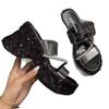 Thick-bottomed Wedge Slippers Women's New Summer Outer Wear Fashion Sequins Transparent One-word Set Toe High-heeled Sandals Women