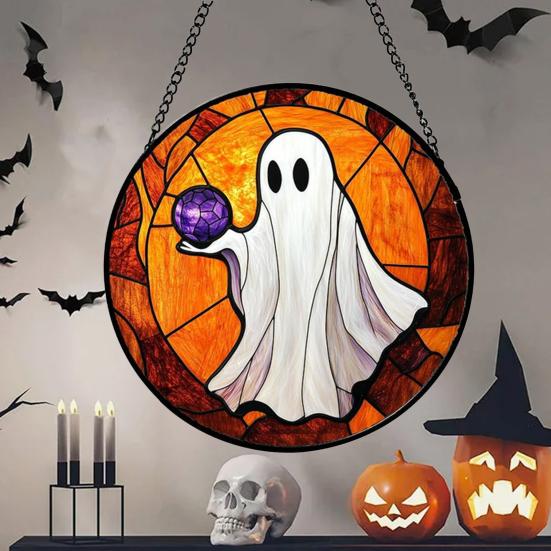 Halloween Suncatcher Decoration Spider Pumpkin Bat Witch Broom Ghost Stained Glass 2D Flat Acrylic Wall Window Hanging Sign Ornament