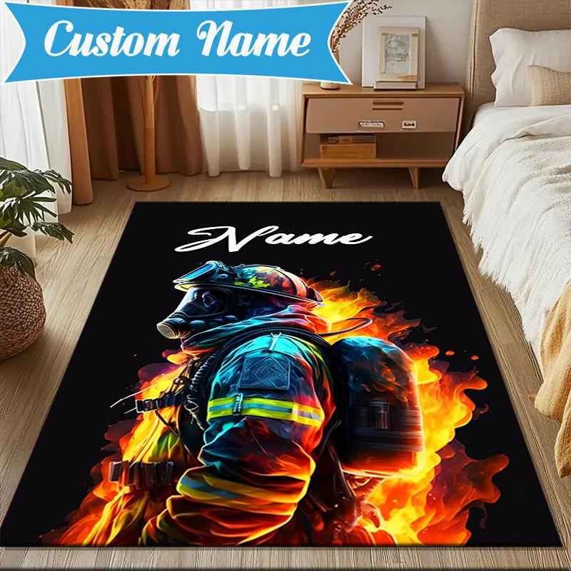 Custom Name Firefighter's Courage Rug for Living Room, Game Rooms, Office, Bedroom, Floor Mat Playful Design, fan gifts Christmas decor