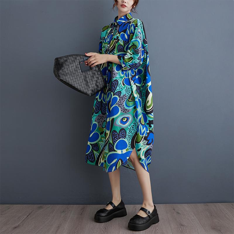 

DIMANAF 2025 Лето Женское Длинное Платье-рубашка Большого Размера Свободного Покроя Винтаж Базовые Пуговицы С Принтом Повседневное Свободное Платье One Size синий