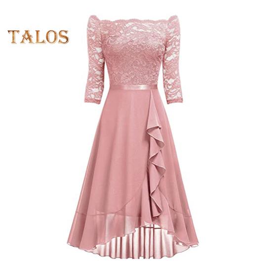 

Сексуальное платье-платье с открытыми плечами, облегающее талию, платье миди с кружевными вставками, рукавами до локтя, неровным оборчатым подолом, шифоновое платье M розовый