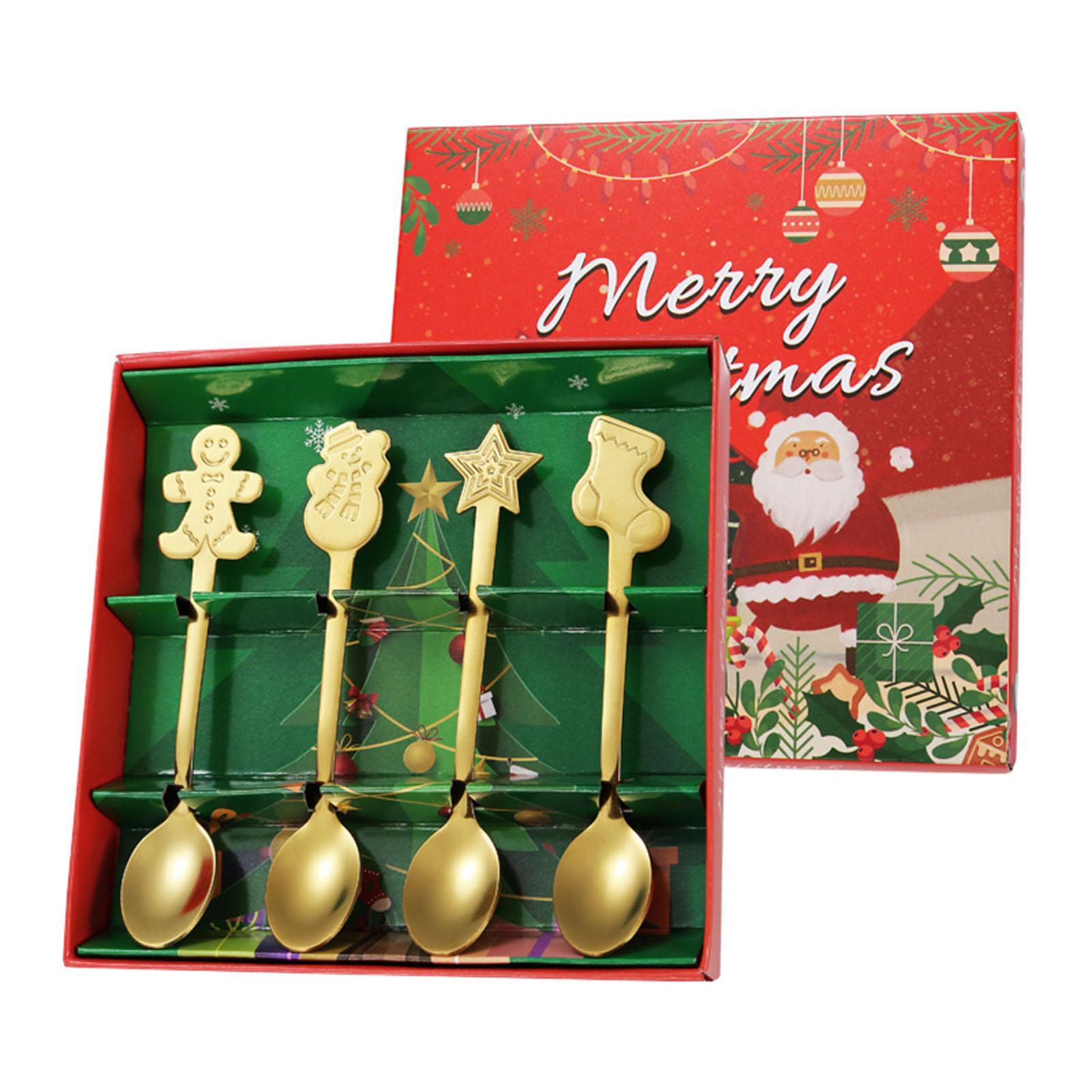 

4 шт./набор Рождественская ложка из нержавеющей стали Рождественская кофейная ложка Рождественская елка Санта Рождественская звезда Чайная ложка B золотой