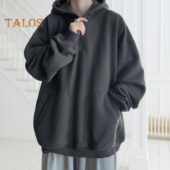 Fall Spring Men Hoodie Half Zipper Hooded Pockets Long Sleeves Loose Elastic Cuff Pure Color Pullover Thick Warm Daily Wear Top