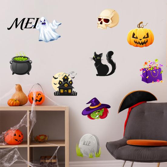 Creative Halloween Gifts for Friends Wall Stickers, PVC Waterproof Decals Windows, Classic Ghosts Glass Windows Pumpkins Skeletons Self-adhesive