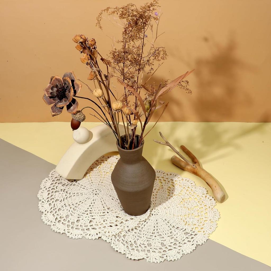 Crochet Doilies for Tables, 2 Pcs Beige Round Doilies for Furniture Vintage Handmade Lace Placemats Corrugated Edge Knitted Tablecloth for Home