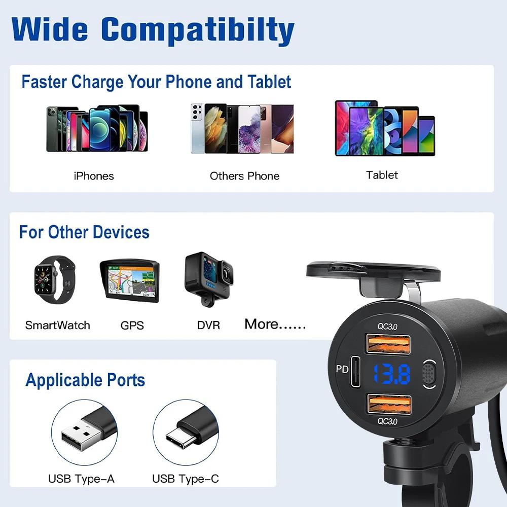 PD QC3.0 Motorcycle USB Fast Charger Waterproof Type C Port Socket Connector With Voltmeter Digital Charge 12V Power Adapter