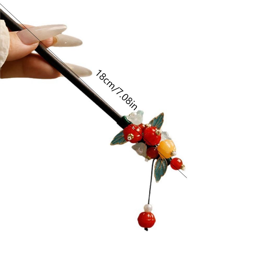 1pc Vintage Chinese Hair Sticks: Wooden with Colorful Beads,Flowers & LeavesAdd Elegant Oriental Charm to Traditional Outfits