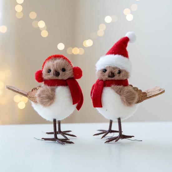 Cute Fluffy Plush Foam Bird Christmas Tree Ornament Simulated Bird Figurine with Red Hat And Scarf for Christmas Tree Mantel Desk Decoration