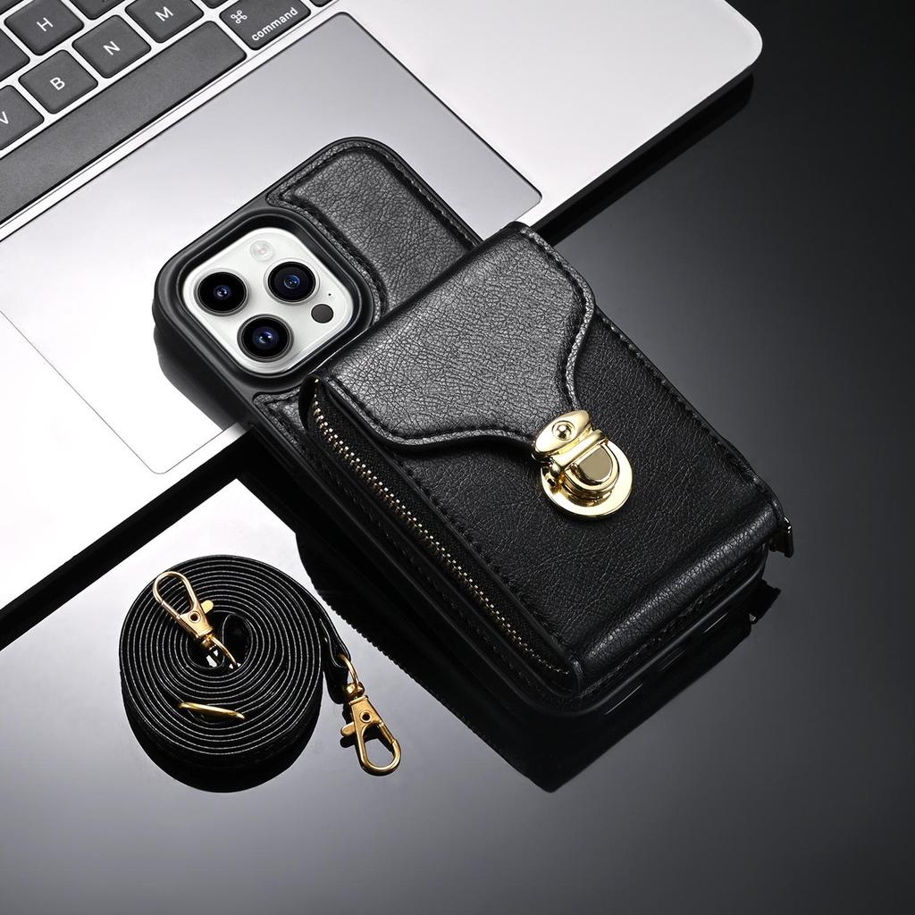 Crossbody iPhone Hülle mit Umhängeband, Kartenfach, Reißverschluss - Passend für Apple Handys 13-15, 12 Pro