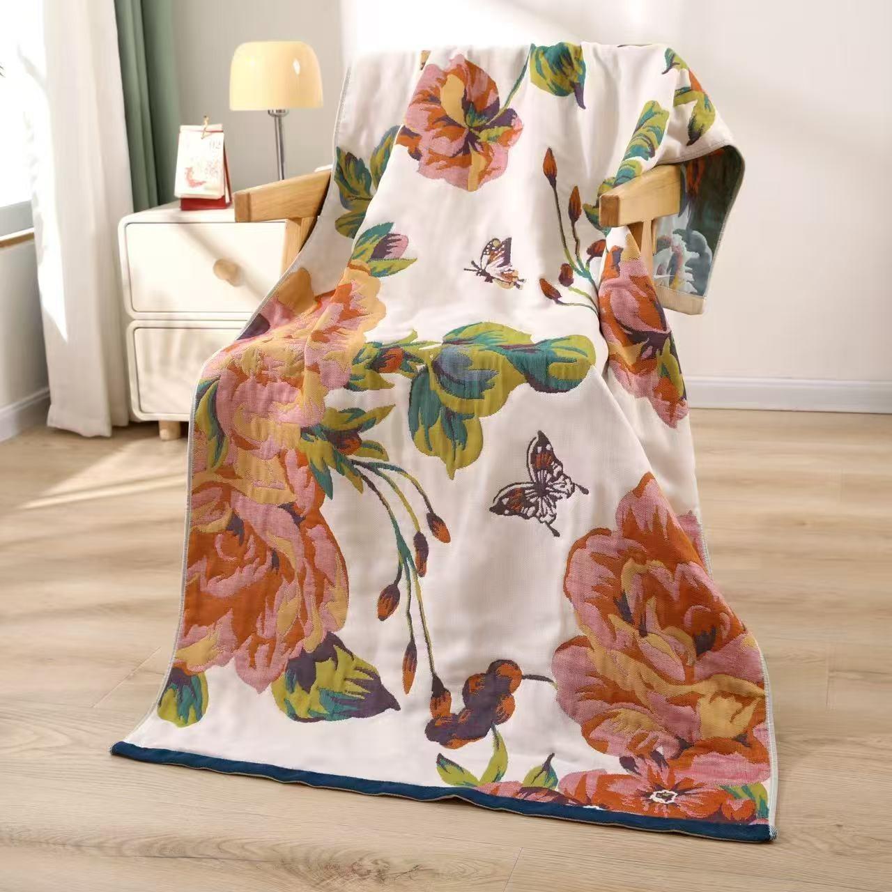 

Country Flowers Adult Bath Towel Soft Large Size Cotton Gauze Beach Towel Jacquard Swimming Pool Bath Wrap Quick-Dry 160x80cm бежевий