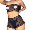 Women Erotic See Through Heart Print Underwear Set Tube Top Lace Micro Shorts