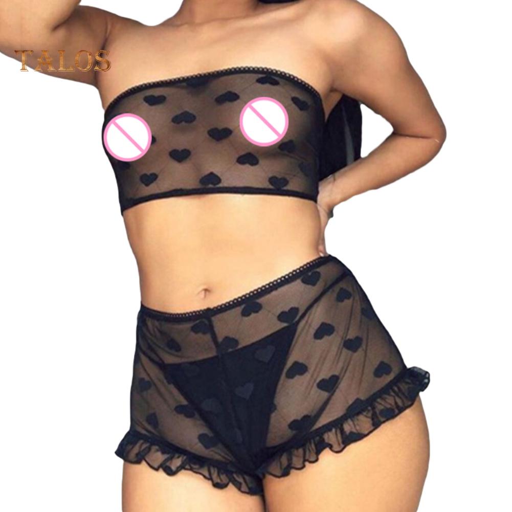 Women Erotic See Through Heart Print Underwear Set Tube Top Lace Micro Shorts