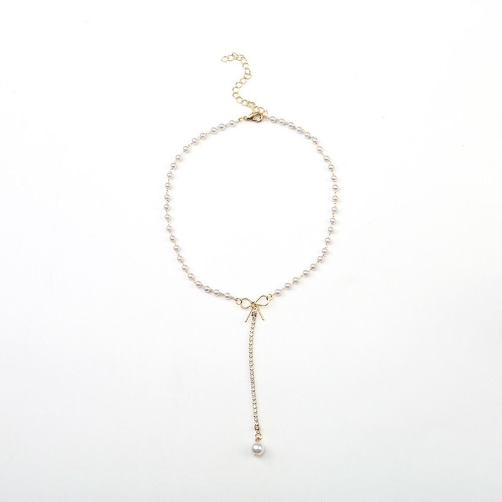 Rhinestone Tassel Bow Knot Pearl Pendant Necklace Light Luxury Pearl Pendant Necklace  Women
