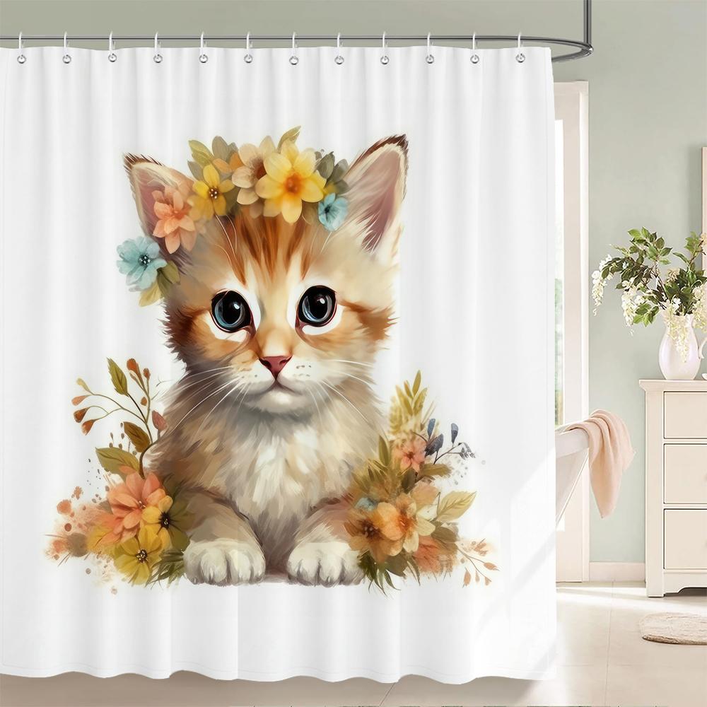 1 Pcs Bear, Panda, Cat, Animal Printed Shower Curtain Bathroom Partition Bathroom Curtain With Hooks Home Decorative Curtain