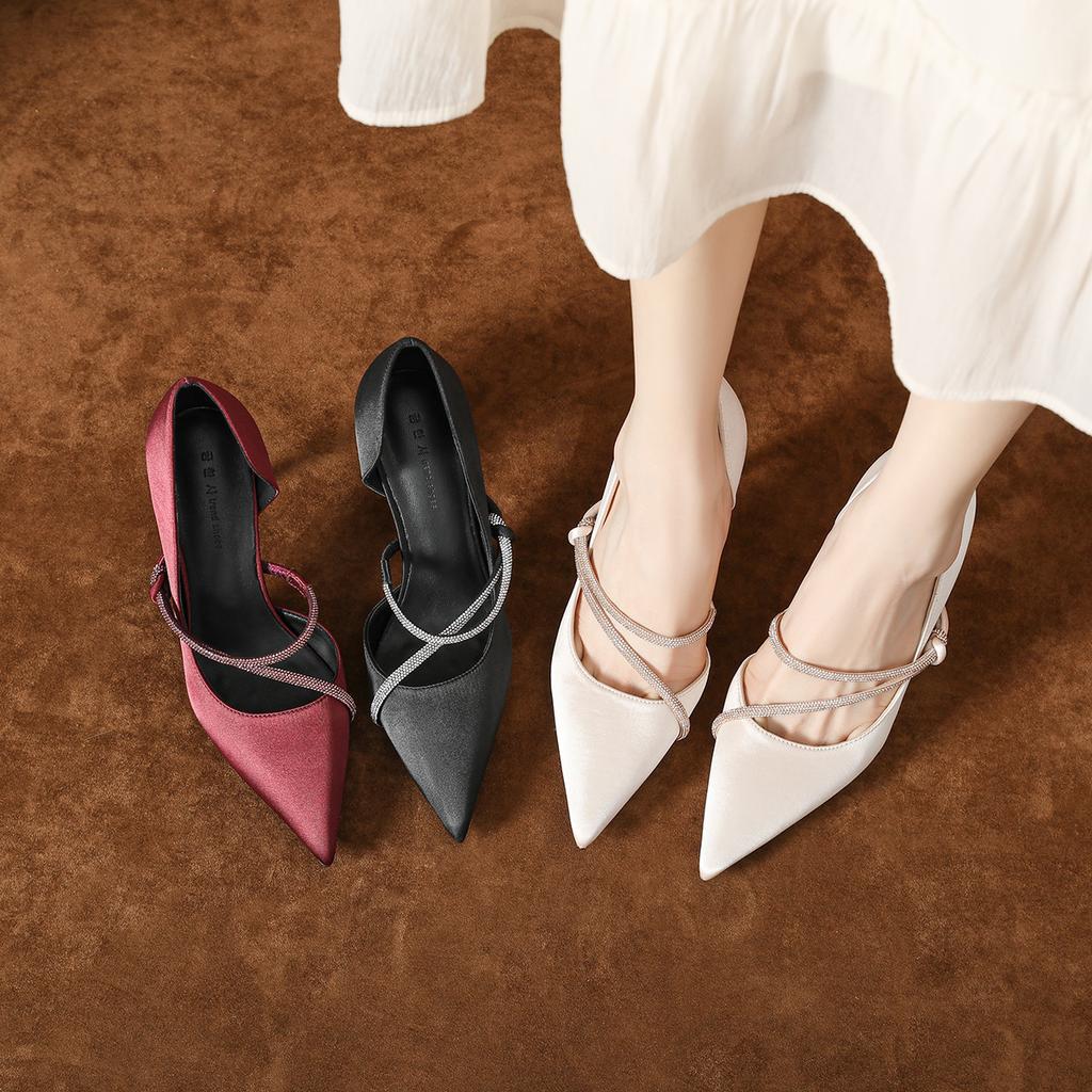 Spring and summer style temperament beautiful purple high heels women's high sense word with rhinestone thin high heel side empty sandals pointed