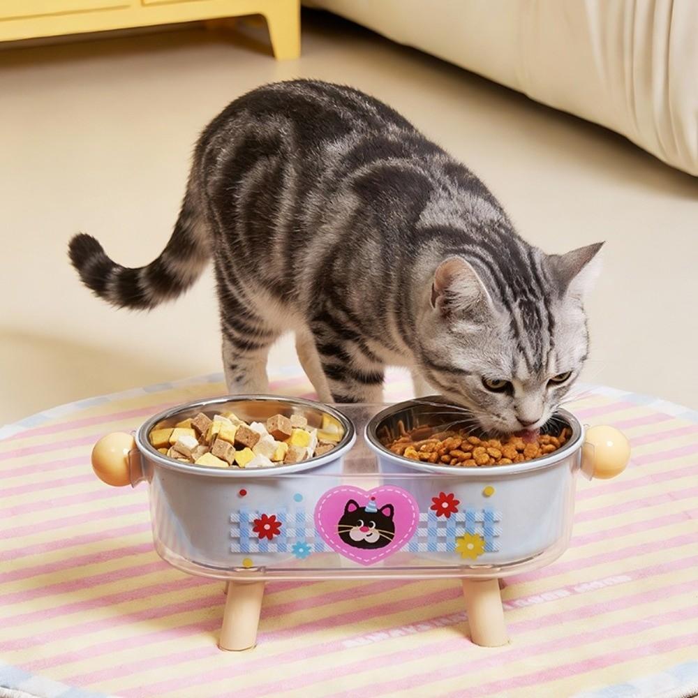Stainless Steel Elevated Cat Bowl Double Bowls Anti-Tipping Neck Protection Bowl Cute Non-Slip Pet Food Bowl For Cats Dogs