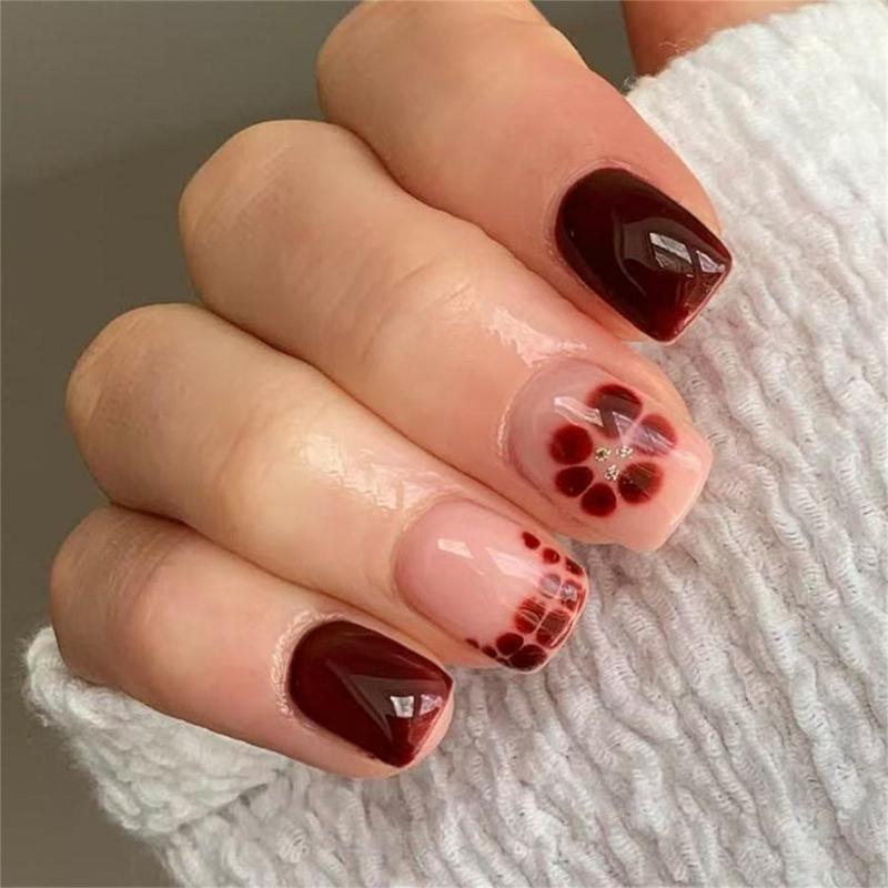 

Glitters Floral False Nail French Style Coffee Brown Press On Nail 24Pieces for Autumn Winter Elegant Manicure Set 1