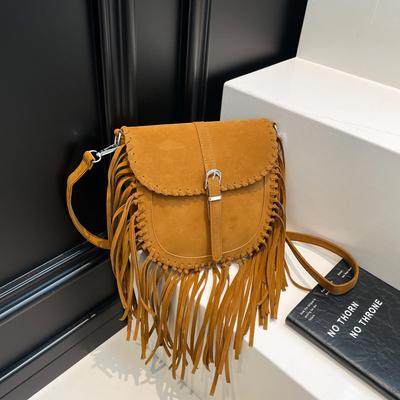 Hochwertige und vielseitige Umhängetasche, modische und retrofransige Satteltasche, schlichte Damen-Einzelschultertasche