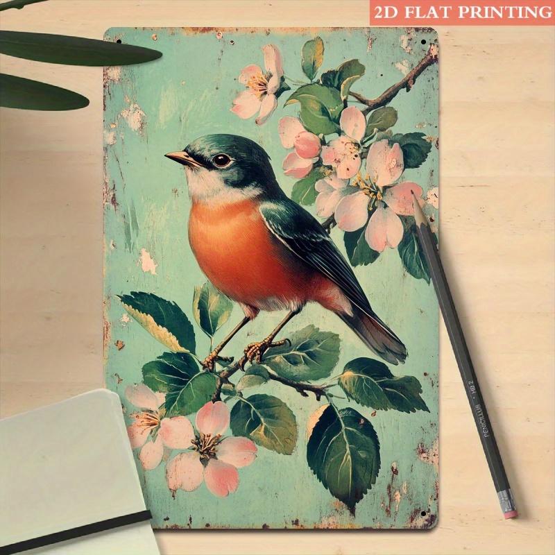 1pc Vintage Bird & Blossom Metal Wall Art - 8x12 Inch Iron Sign with Pastel Spring Colors, Distressed Mint-Green Background