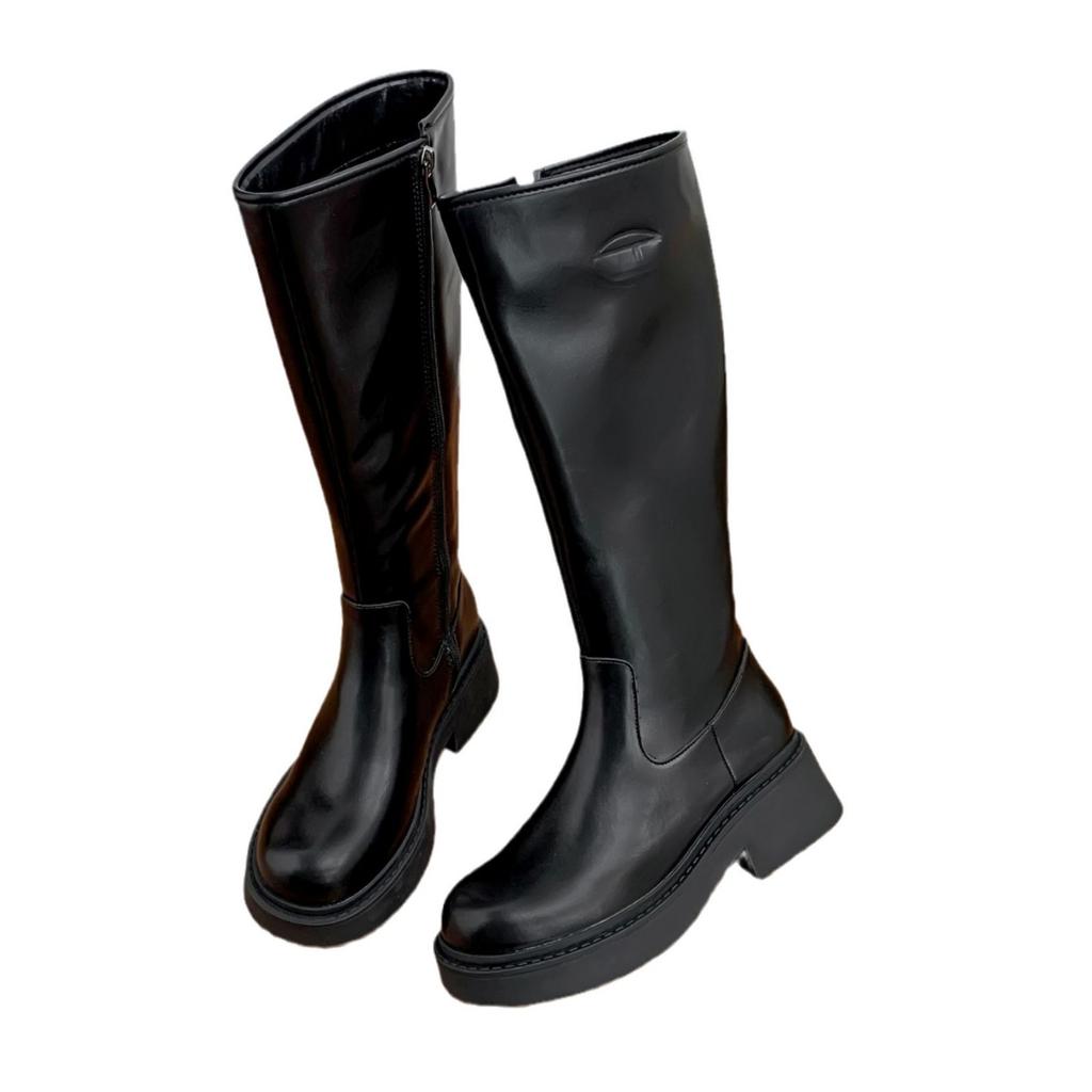 Long knight boots for women, high-end thick-soled women's boots, side zipper soft leather women's boots, British style boots for women