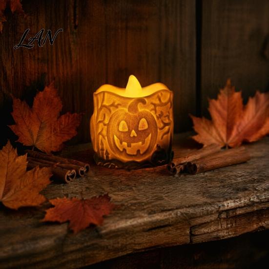 Hollow Relief Pumpkin Light Halloween LED Candle, Flameless Electronic Tealight, Embossed Resin Lantern, Durable Enamel Spooky Table Decor for Indoor