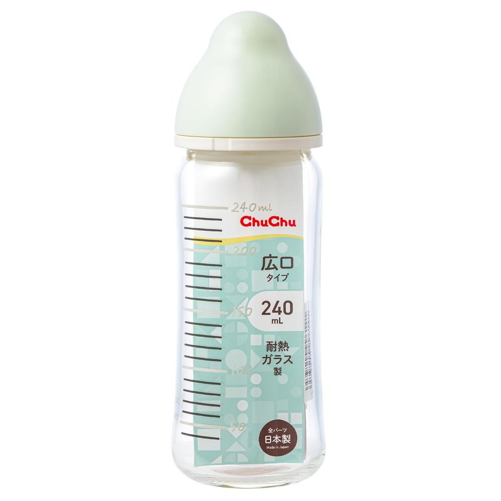 ChuChu Wide Mouth Glass Baby Bottle 240mL Nipple Made In Japan Newborn Weaning All Ages Multi-Fit Heat-Resistant