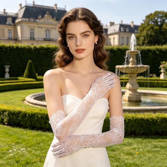 Bridal Lace Gloves Five-Finger Sheer Wedding Gloves Elegant Long Short Mesh Gloves for Women Tea Party Cocktail Party Prom