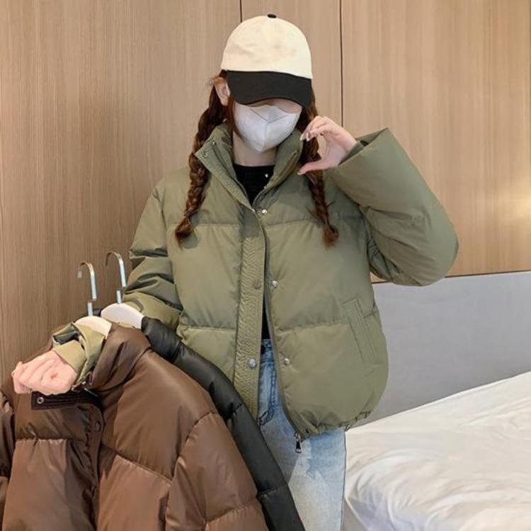 Winter Warm Women Cotton Coat Stand Collar Thickened Lightweight Long Sleeve Solid Color Outwear with Pockets