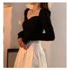 Vintage Square Collar Puff Sleeve Women Blouse Black Sexy Elegant Temperament Long Sleeve Top Spicy Girl V-neck Casual Ssummer
