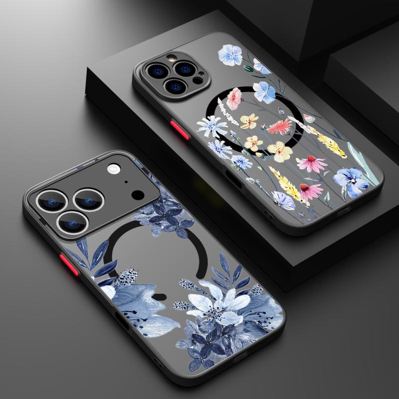 Magnetic Flowers Print Phone Case For iPhone Air 17 16 15 Pro Max 13 12 Pro 14 Plus 11 For Magsafe Wireless Charge Acrylic Cover