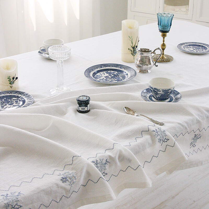 

French Blue Cross Stitch Tablecloth for Two 2 people (100x130)