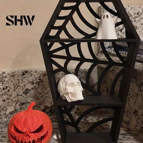 Gothic Style Home Accents Coffin-Shaped Spider Web Display Shelf, 3D Printed Tiered Mini Stand Figurine, Shelf Halloween Black Hollow Rack for