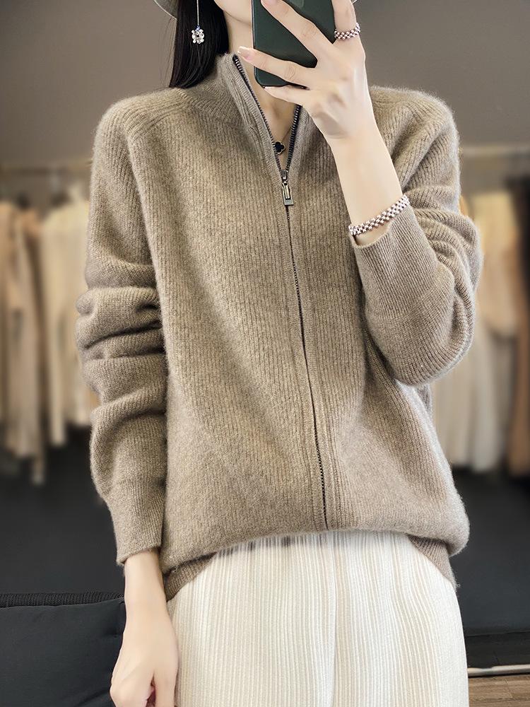Rippstrick-Woll-Cardigan-Mantel mit Raglanärmeln - Lockere, figurformende Basisschicht für Herbst und Winter