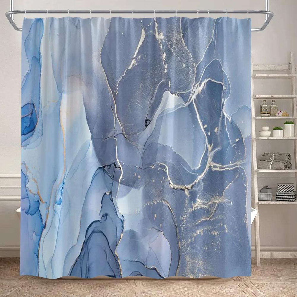 Abstract Marble Shower Curtains Black Green Textured Gold Crackle Modern Geometric Pattern Bathroom Curtain Decor Set with Hooks