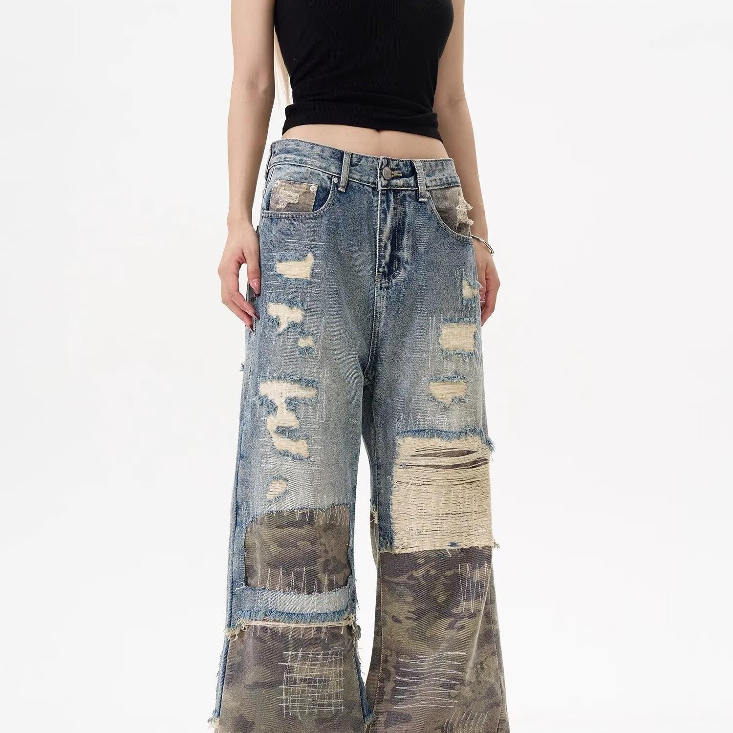 

Женские джинсы в стиле ретро с камуфляжной пэчворк-вставкой и рваностями - Вышитые потертые свободные брюки-швабры для осени/зимы S: Height 155-165CM (38-41kg)