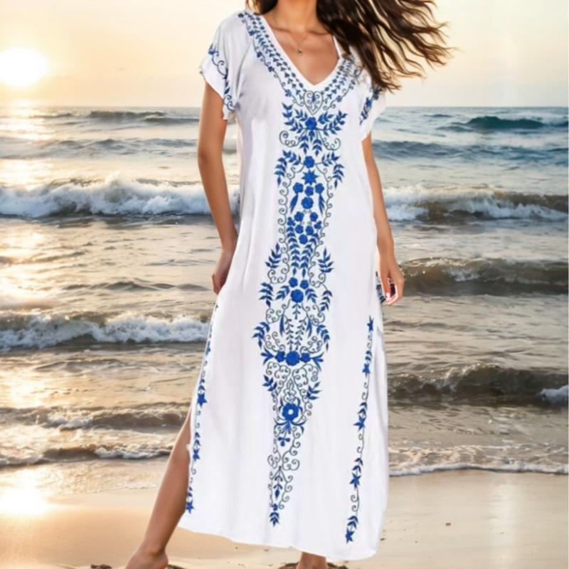 Plus Size Women's Beach Holiday Blouse Vintage Style Embroidered Long Dress
