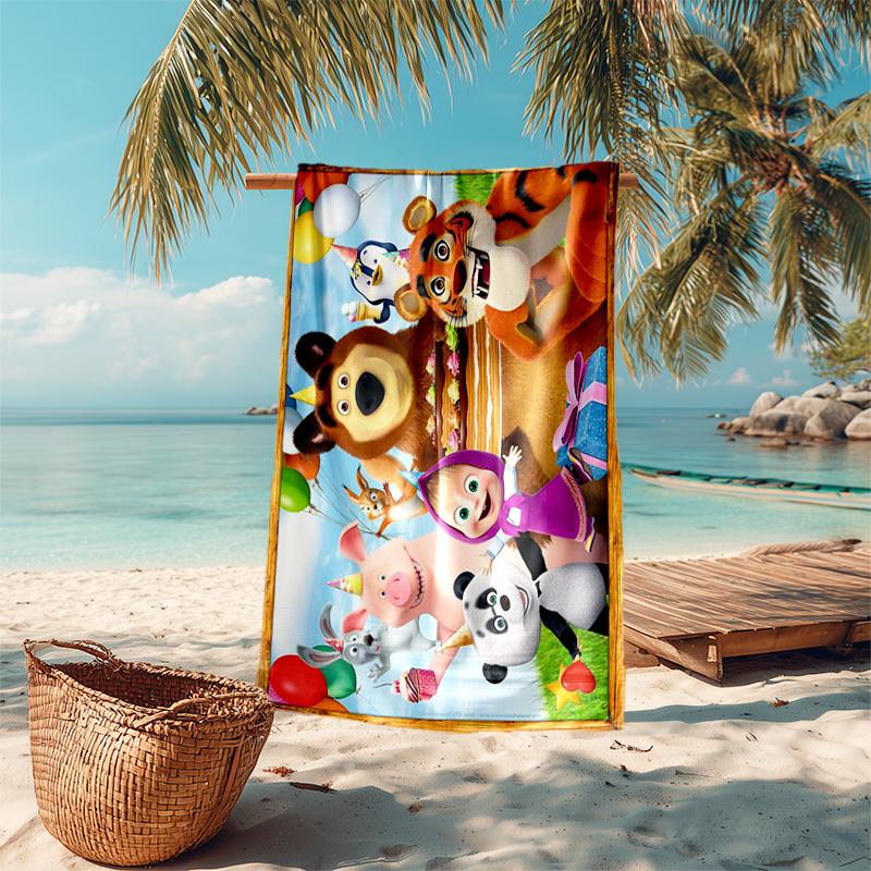 Fairy Tale Cute Cartoon Masha and the Bear Beach Towel, Outdoor Camping Beach Towel for Vacation Swimming, Outdoor Pool, Absorbent Bath Towel, H8
