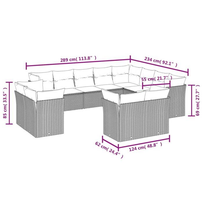 VidaXL Salon de Jardin avec Coussins 11 pcs, Canapés avec Pieds Réglables, Ensemble de Meubles d'Extérieur Patio Terrasse, 3217807