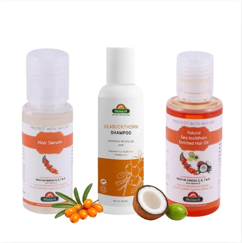 Biosash Sanddorn Haarpflege Kombi-Set - Haaröl 100ml, Shampoo 200ml & Serum 50ml | Ayurvedisches Set mit Omega 3 6 7 9 & Vitamin E | Sulfatfrei und