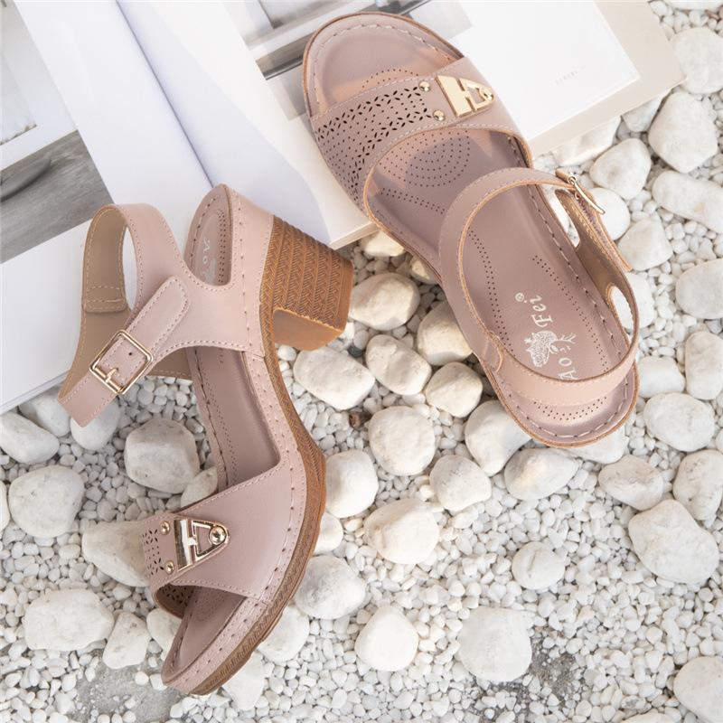 Roman Breathable Sandals Summer Shoes Women 2026 Leather Chunky High Heels Casual Comfortable Beach Shoes Sandalias Femininas