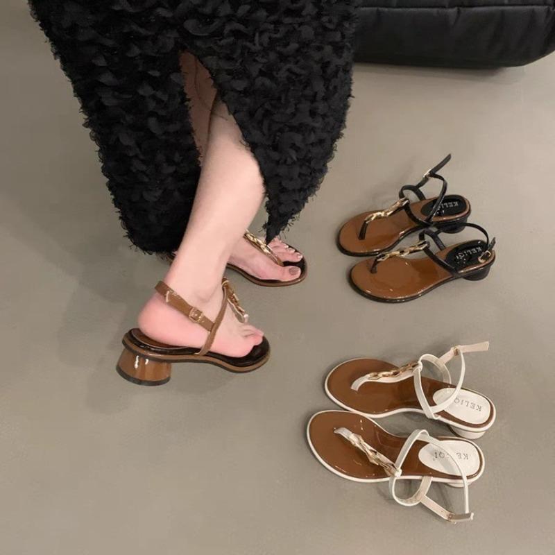 Fashion Women's Sandals Summer New Leather Metal Chain Mid-high Heels Shoe Clip Toe Trend Fashionable Simple Elegant Sandals Sandalias