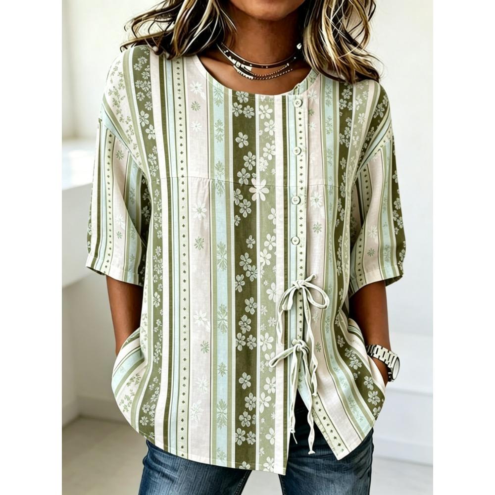 Women's Neutral Floral & Stripe Print Button & Tie Front Blouse, Casual Stylish Top for Spring Summer Daily & Versatile Wear