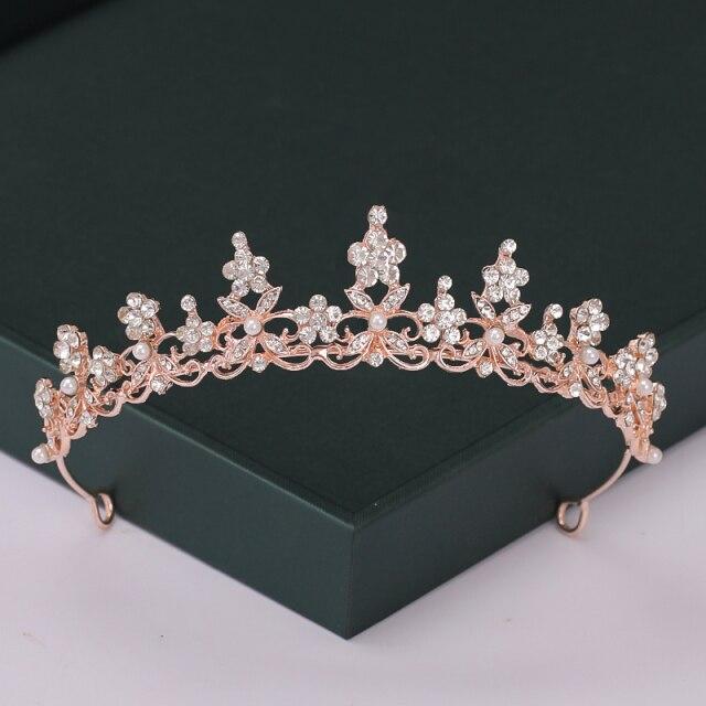 Rose Trendy Color Gold Tiaras And Crowns Pearl Crystal Princess Diadems Sale Queen Wedding Bridal Hair Accessories Headpiece