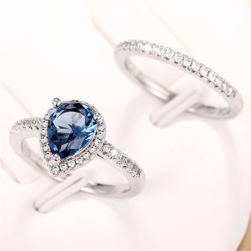Elegant Pear Blue Cubic Zirconia Stylish Jewelry Women Bridal Wedding Occasion Rings Luxurious Engagement Event Gathering Accessories