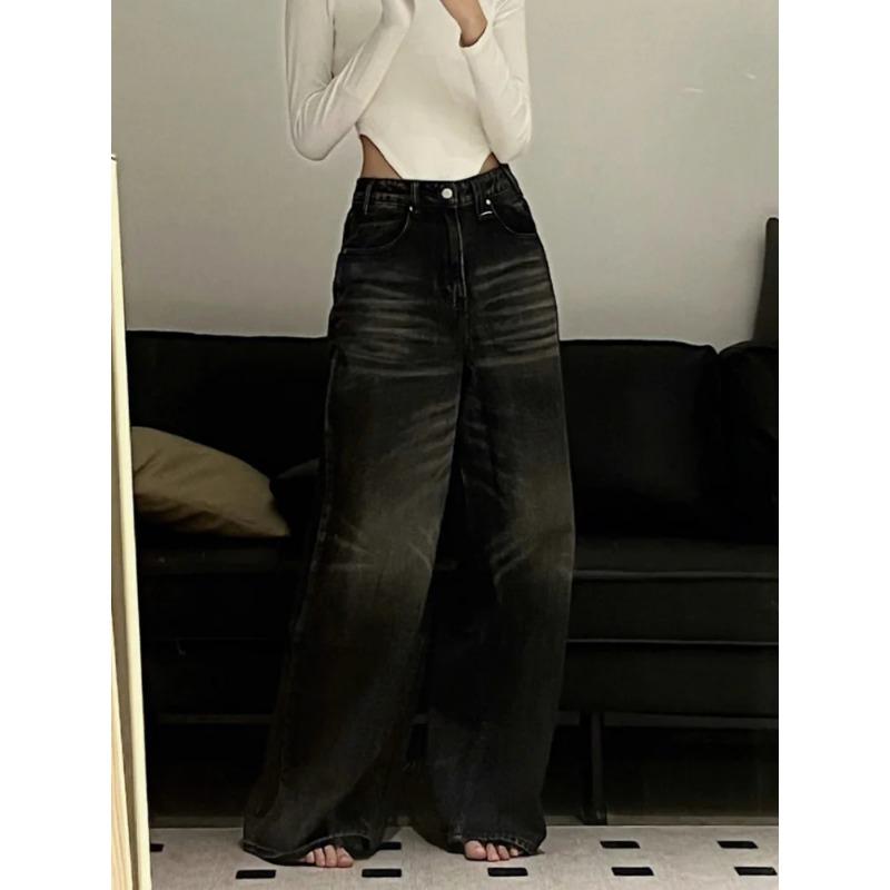 Vintage svarte jeans med brede ben Kvinner Overdimensjonert High Street Koreansk mote Baggy denimbukser Grunge Y2k kvinnelig hip hop