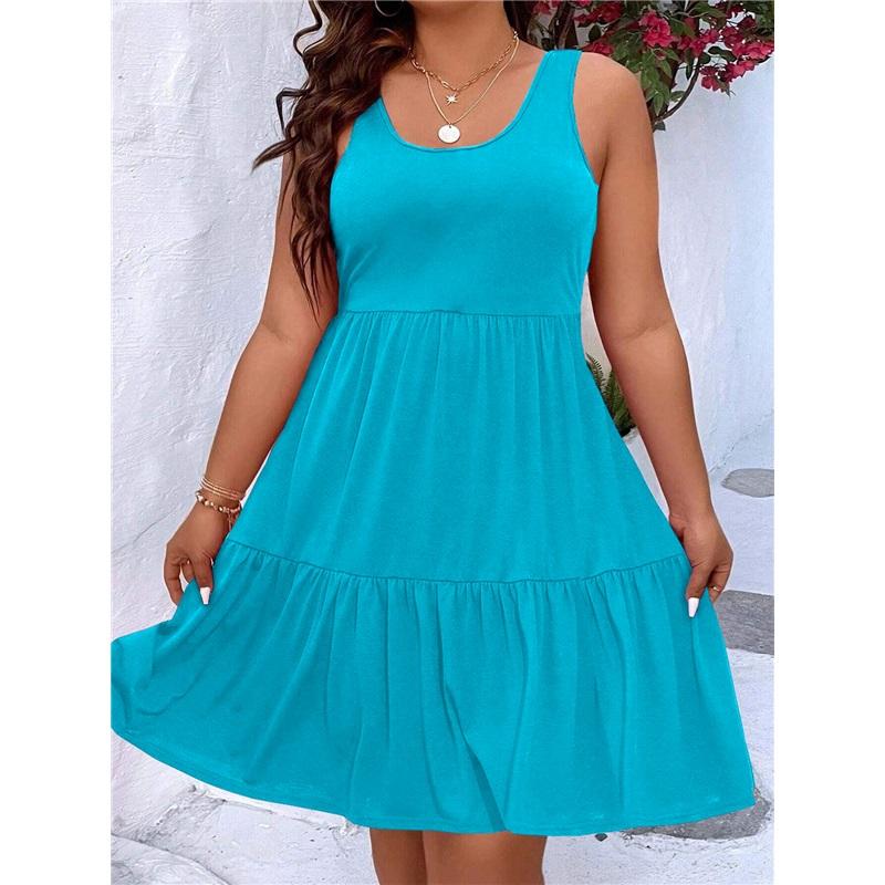 European And American Summer Plus Size Women's Casual Commuter Solid Color Sleeveless Mid Length Dress
