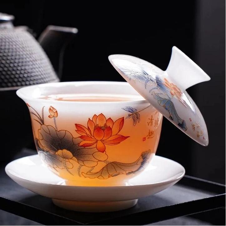 „Set de ceai Gaiwan din porțelan jad Jingdezhen cu capac planant și farfurioară – Ceașcă de ceai Kung Fu chinezesc tradițional”