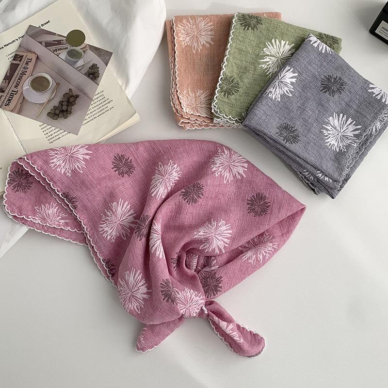 Cotton and linen silk scarf neck small square scarf summer retro literary floral decoration neck protection small scarf scarf headscarf headband