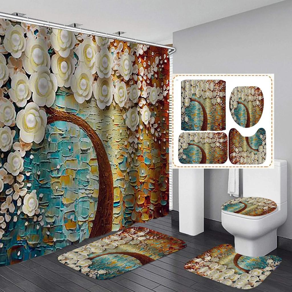Elegant Blue Floral Shower Curtain Set Bathtub Curtains Non-Slip Carpet Bath Mat Toilet Cover Bathroom Set Decoration Without